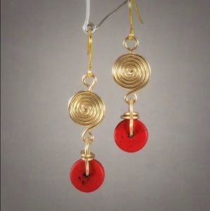 Handmade wire spiral earrings with red stone disk (gold tone)